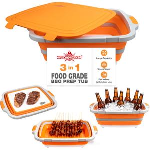 XUDAKAIXIN Collapsible BBQ Prep Tub for Meal Prep, Marinating,Food Storage, picnics, camping, barbecues,cutting fruits and vegetables - Includes Cutting Board and Locking Lid,(X-Large) Orange