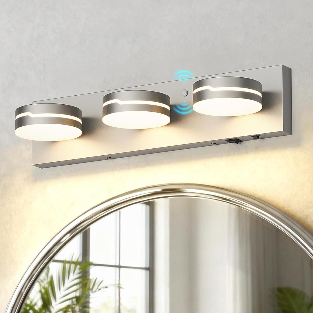 Vanity Lights for Bathroom, Motion Sensor 3 CCT Dimmable Bathroom Light Fixtures Over Mirror, 18.9in 18W 3-Light LED Modern Acrylic Wall Sconce Makeup Lighting, 350 Rotatable, Hardwired