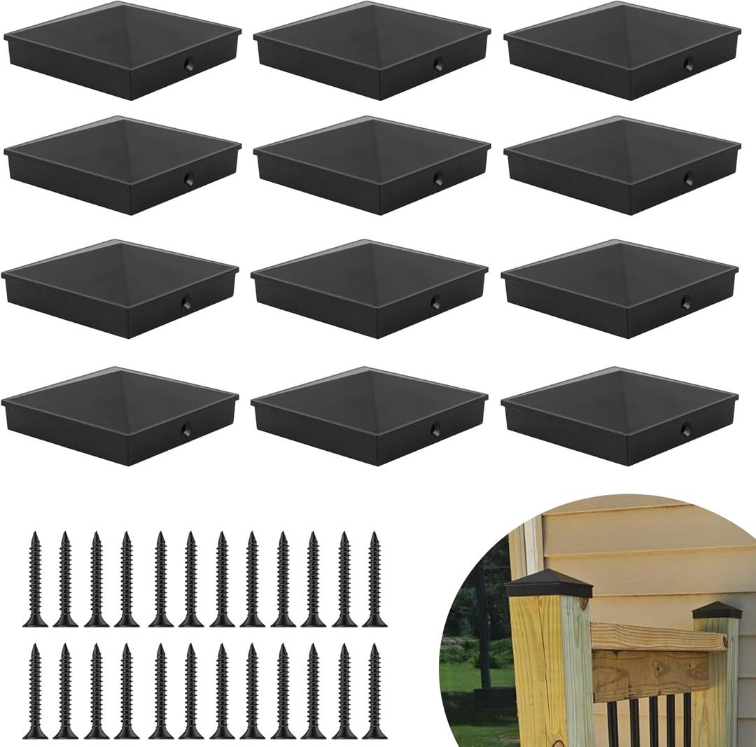 Aussio (12-Pack, Black) I.D. 4x4 Inch Aluminum Fence Post Cap with Screws Wooden Fence Post Cover Deck Post Cap - Durable Alloy Water-Proof UV-Proof - Protect Wooden Fence Poles from Cracking Rotting