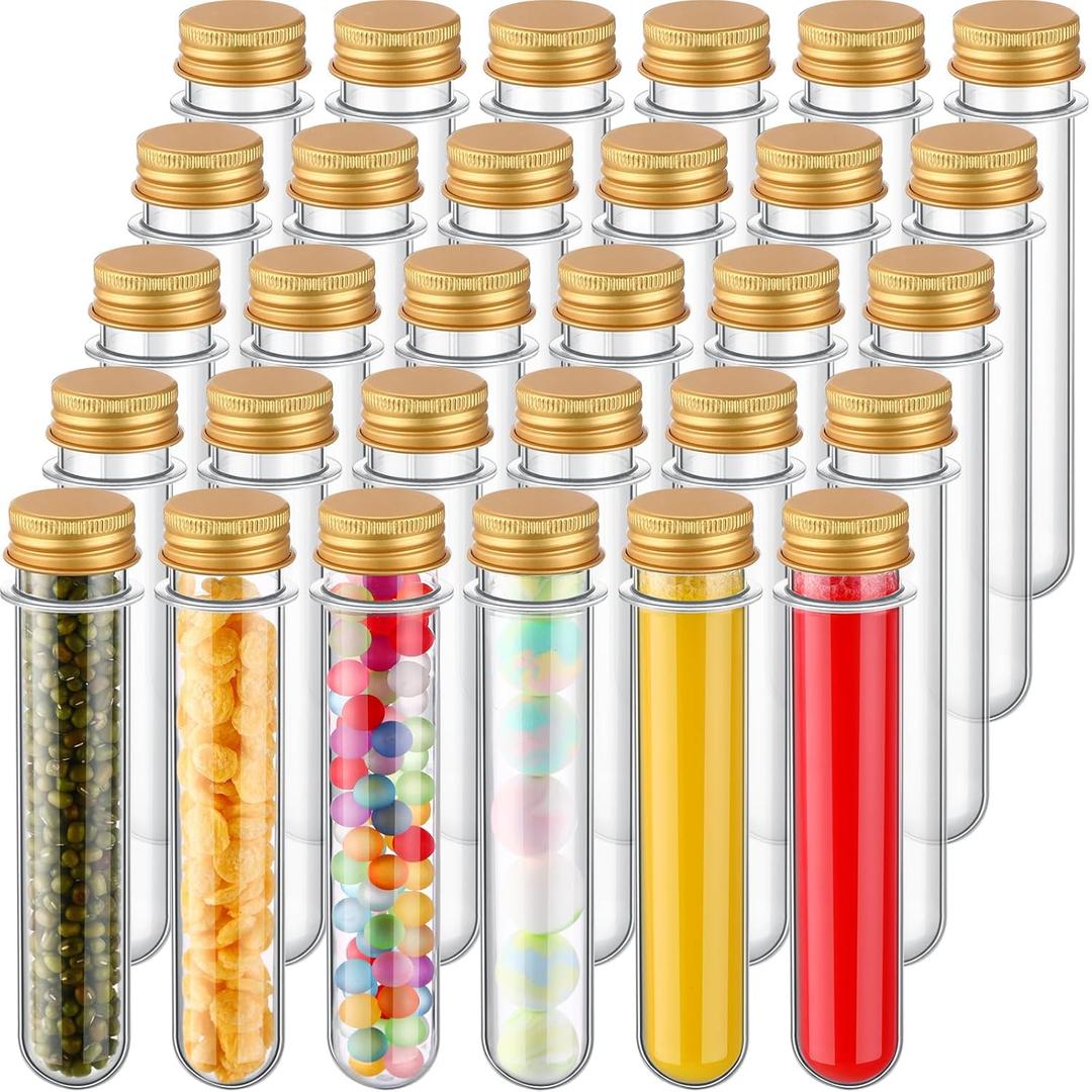 Dandat 50 Pcs 40 ml Clear Plastic Test Tubes with Screw Lids 1.1 x 5.5 Inch Halloween Candy Tubes Sample Powder Storage Container for Scientific Experiments Themed Birthday Party Supplies(Gold)
