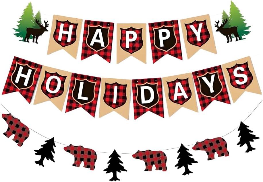 2 x TENNYCHAOR Happy Holidays Banner, Buffalo Plaid Christmas Decorations, Rustic Bear and Tree Garland, Indoor Outdoor Holiday Decor,Christmas New Years Eve Decorations.