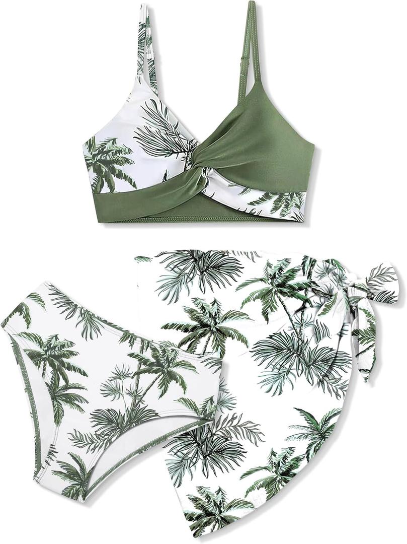 Girls Swimsuit, Bathing Suits 3 Piece Tropical Floral Twist Cross Bikini Sets Girls' Swimwear with Cover Up Skirt 7-16T (11-12, Green Palm)