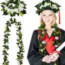 2 Pcs 2025 Hawaiian Graduation Lei 6.56 ft and Flower Headband 2025 Graduation Maile Lei Necklaces Artificial with Green Leaves for Grad Hawaiian Luau Party Wedding Summer Party Supplies