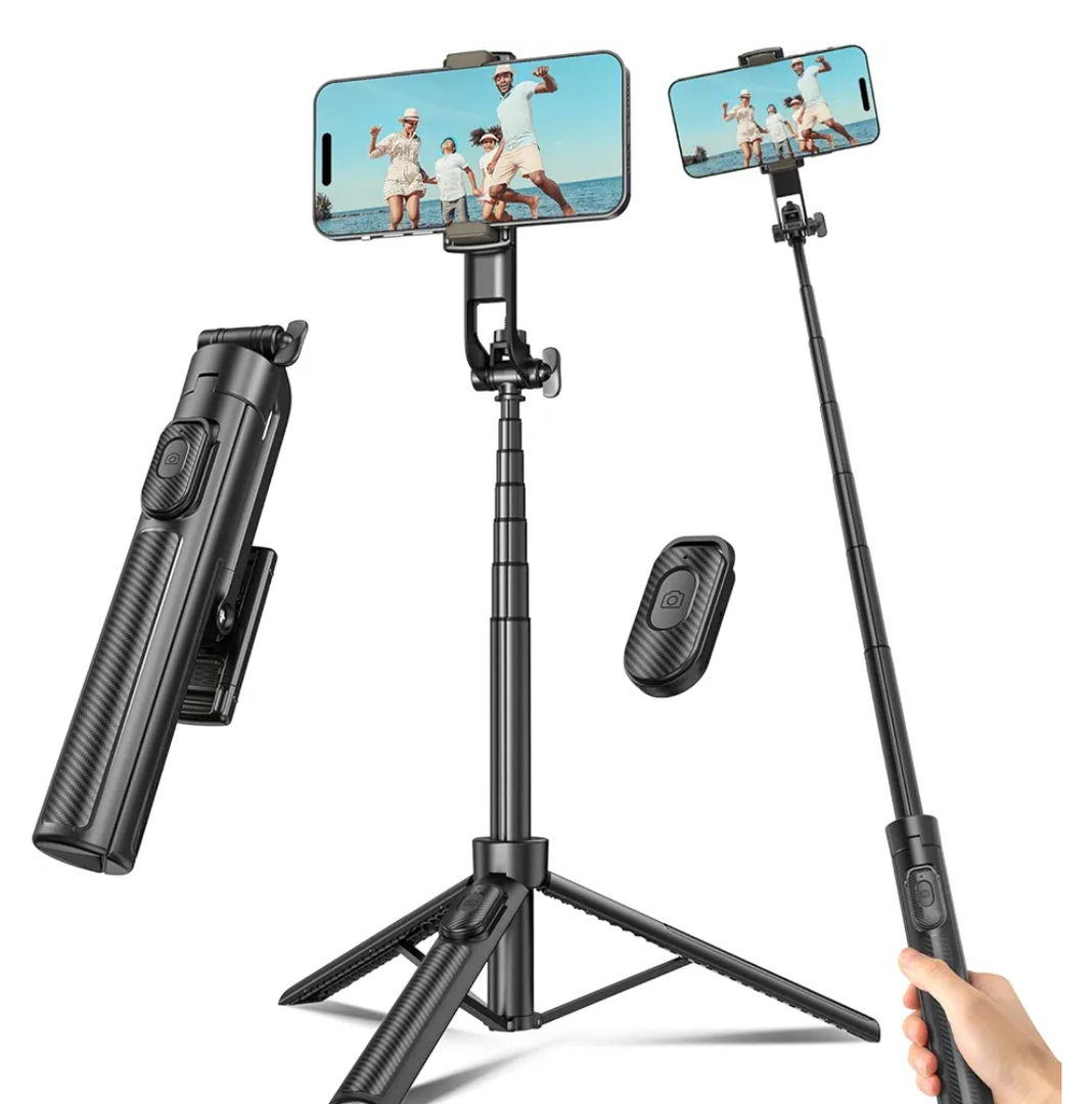 Selfie Stick Travel Tripod for Cell Phone with Remote Control and Phone Holder, Extendable Selfie Stick for iPhone, iPhone Tripod for Video Recording, 50 Inch, Black