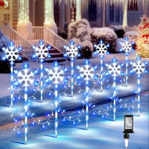 10 Pcs Christmas Snowflake Pathway Stake Lights for Outdoor Yard, 370 Bright LEDs Waterproof Large Christmas Snowflake Light Decoration for Garden Lawn Driveway Walkway Decor (Blue White)