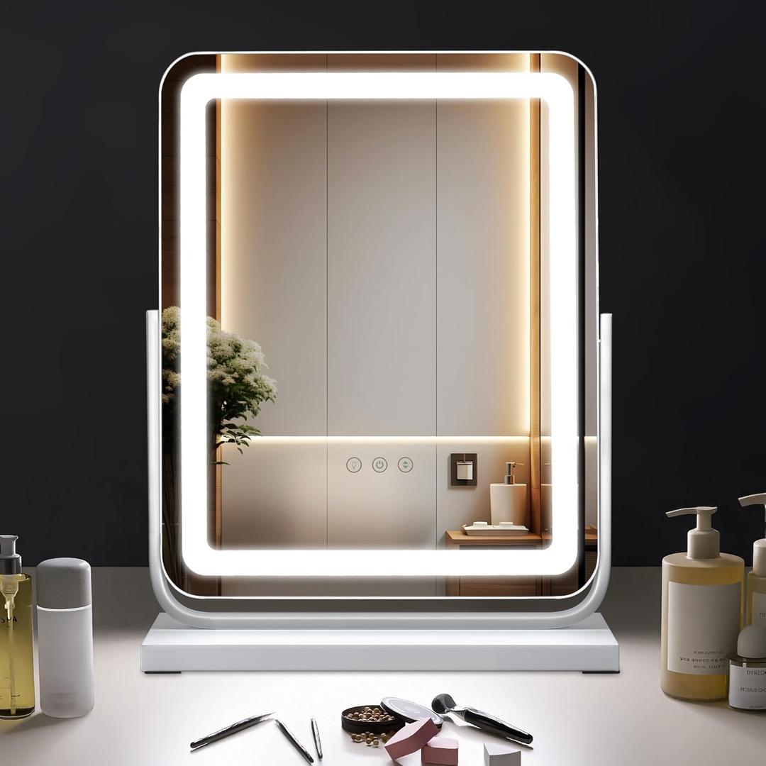 HD LED Vanity Mirror with Lights 360° Rotating Multifunctional Vanity Mirror 3 Color Temperature Dimming Touch Sensor Switch Professional Makeup Mirror with Lights Gift for Girls