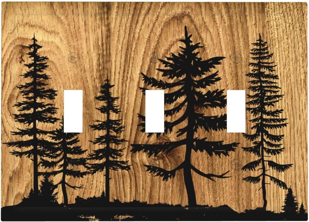 Farmhouse Brown Pine Tree Wood Grain Triple Toggle Light Switch Plates Outlet Covers Rustic Country Decorative 3 Gang Wall Plate Switchplate for Bathroom Home Decor Accessories