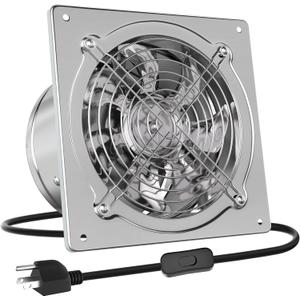 HG Power 10 Inch Metal Exhaust Fan with Switch, Powerful Garage Exhaust Fan with Damper, Potable Wall Mount Fan Fume Extractor Ventilation Fan for Shop, Shed, Basement, Chicken Coop, Silver (10 Inch with Switch)