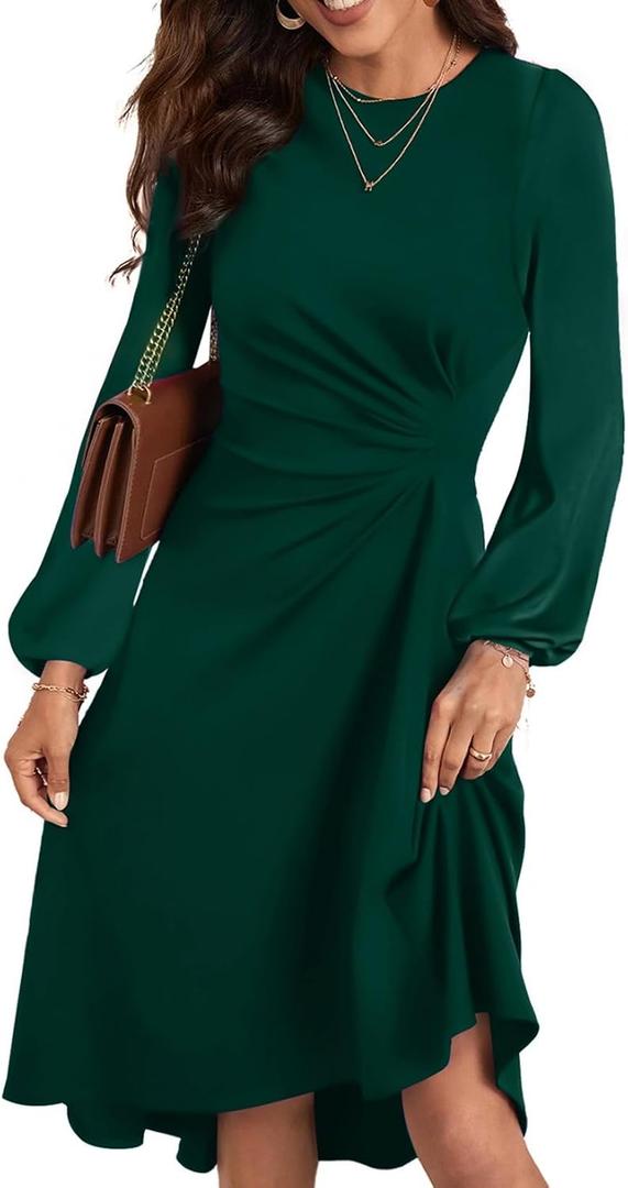 Happy Sailed Women's Long Sleeve Ruched Waist Flowy A Line High Low Midi Cocktail Party Dress (Green, XL)