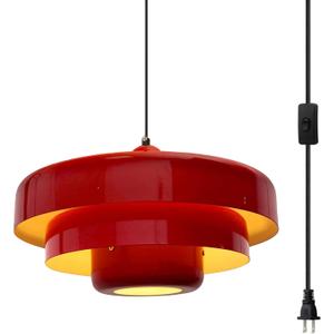 Hanging Lamp Plug in Red Pendant Light Fixtures Mid Century Modern Pendant Lamp Nordic Style Pendant Lighting Metal Shade for Living Room Dining Room Bedroom Kitchen Island