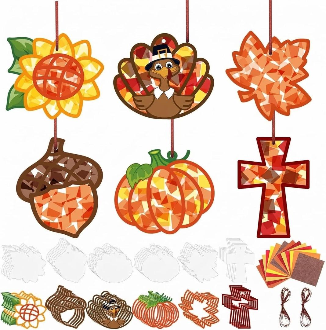 Feifeiya 24 Sets Thanksgiving Crafts Kit DIY Fall Paper Crafts with Colored Tissue Paper Sticker Tool Turkey Pumpkin Leaf Acorn Suncatcher Hanging Ornaments for Classroom Activity Harvest Party Window