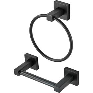 WOLIBEER Black Toilet Paper Holder Towel Ring, Matte Bathroom Hand Towel Holder Toilet Roll Holder, Modern Bath Hardware Set Wall Mounted Stainless Steel 2 Pieces
