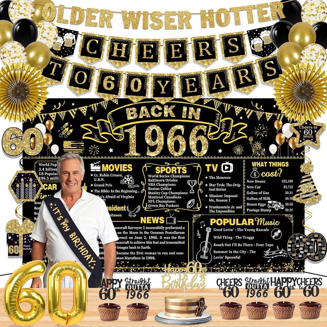 60th Birthday Decorations for Men Women, 36 Pcs Back in 1966 Birthday Party Decorations, Black Gold Happy 60th Banner,Vintage 60th Birthday Table Decorations ,Cake Topper, Sash Party Supplies