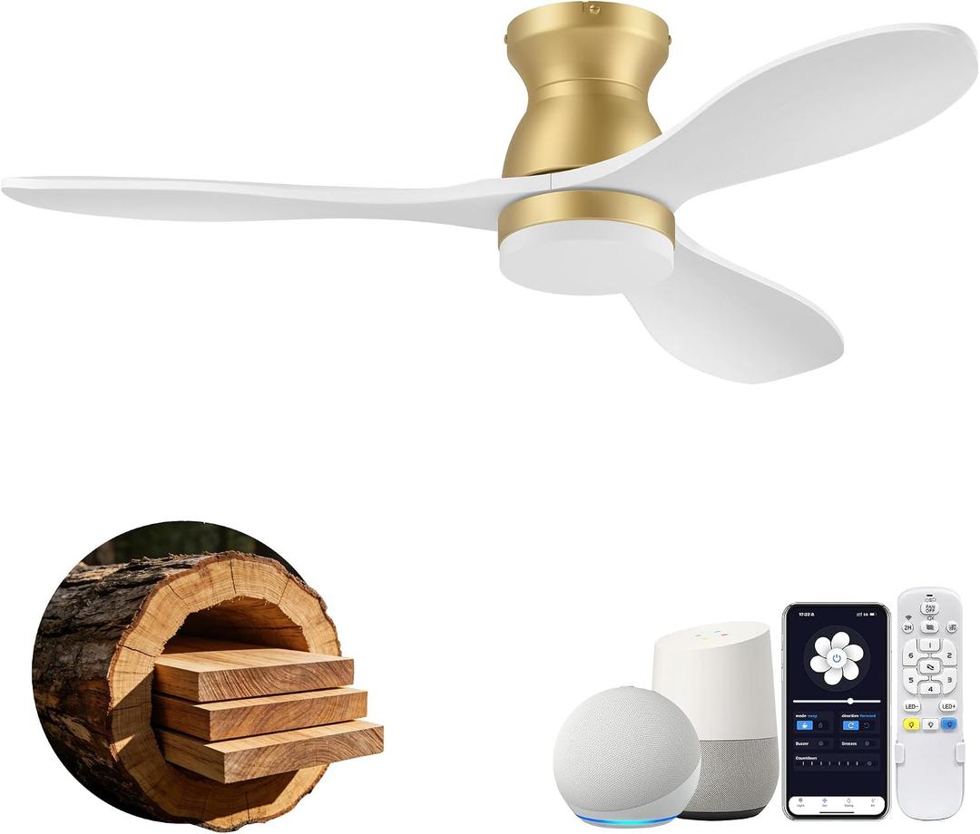 42" Smart Flush Mount Ceiling Fans with Light Remote,Low Profile,Gold White