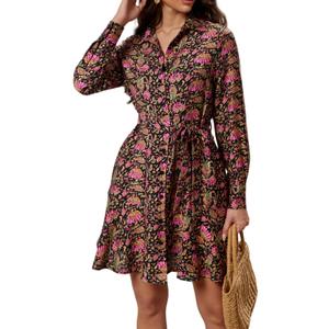 Ystguic Women's Collar Business Button Up Shirt Dress with Tie Waist Belt for Ladies Casual Work Office Elegant Plain Dresses Large YG012 Black Floral Large