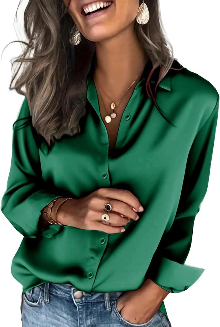 Zeagoo Satin Blouses for Women Silk Button Down Shirts Long Sleeve Business Casual Tops (Medium, Evergreen)