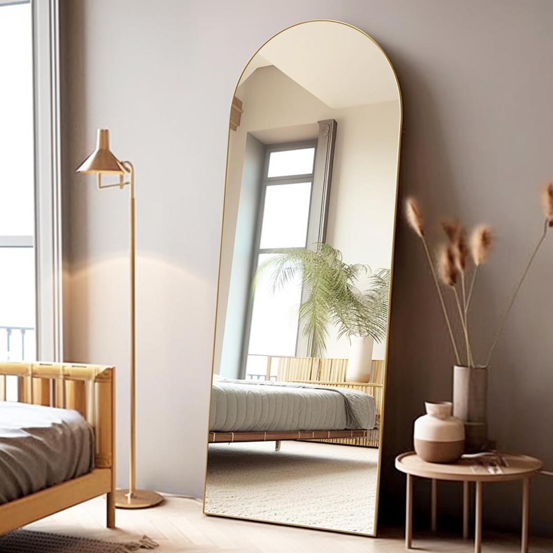 Arched Floor Mirror, 58"18" Full Length Mirror with Stand, Freestanding, Aluminum Frame - Gold