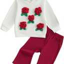 Toddler Girl Fall Outfits Flower Long Sleeve Sweatshirt Hoodies+Elastic Waist Flare Long Pants 2Pcs Clothes Set (White,3-4Y)