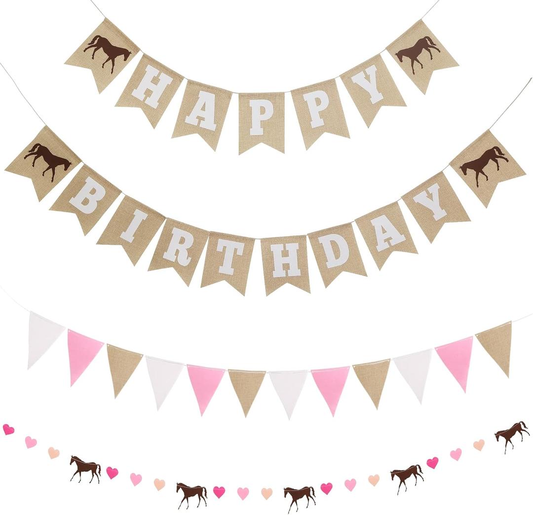 Horse Birthday Decorations  Happy Birthday Burlap Banner  Felt Horse Garland and Pennant Banner  Horse Party Supplies (Pink Hearts)