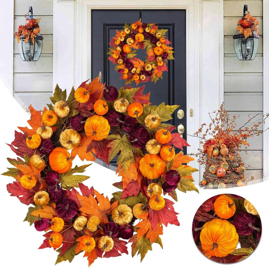 24 Inch Fall Wreath Autumn Front Door Wreath Harvest Wreath with Various Pumpkin Cluster of Maple Leaves for Outside Indoor Wall Window Festival Thanksgiving Autumn Fall Decor