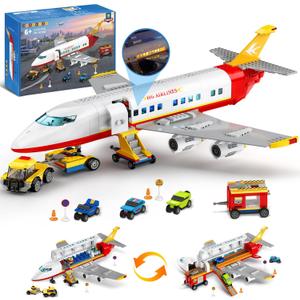 HOGOKIDS 2 Style City Airplane Building Set with LED Light - Plane Building Blocks Switch Passenger Cargo Projectile Toy with 3 Cars, Planes Model Toys Valentines Gifts for Kids Boys Girls Age 6-12+