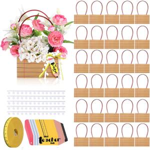 Gilprop 30 Pcs Teacher Appreciation Week Flower Bag with Handle Kraft Flower Bouquet Bags Teacher Appreciation Gift Bag with Pencil Tag Tape Measure Ribbon for School End of Year(Rectangular,Brown)