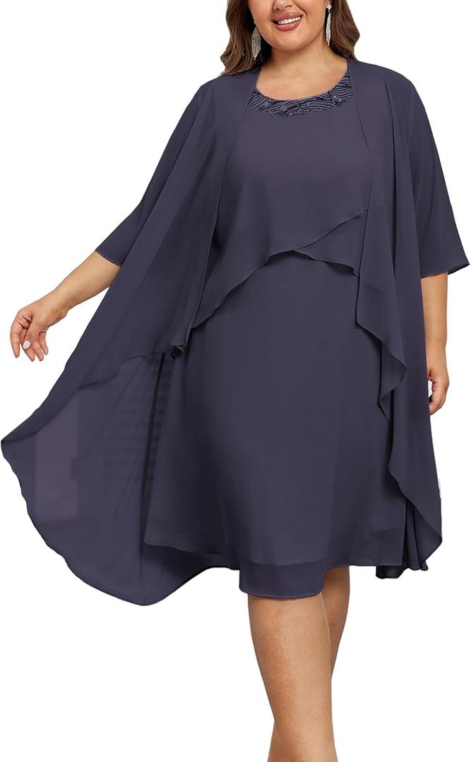 Hanna Nikole Womens Plus Size Dress with Jacket 2 Piece Wedding Guest Dresses Flowy Mother of The Bride Dress (Charcoal Gray)