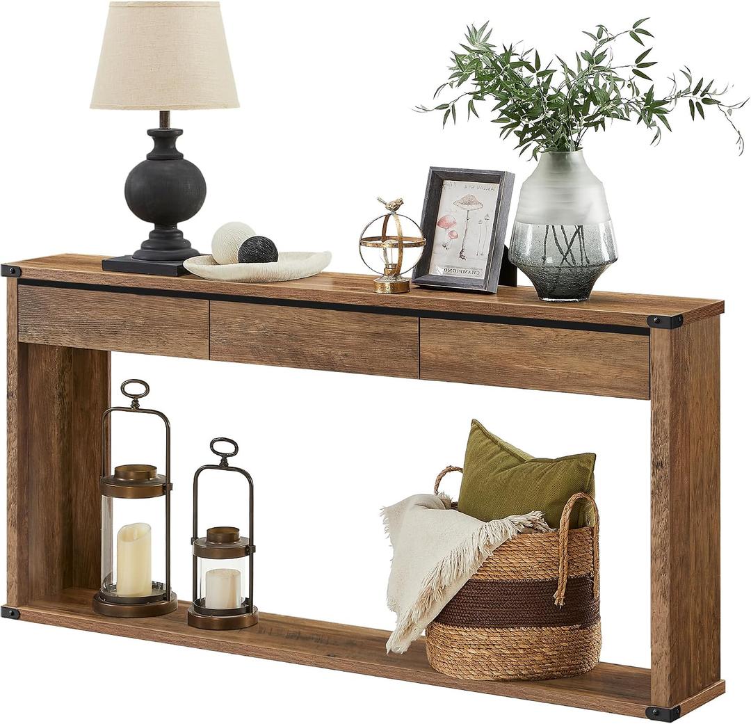 VASAGLE Sofa Console Table, 63 Inches Narrow Entryway Table with 3 Drawers, Bottom Shelf, Metal Corners, for Living Room, Bedroom, Farmhouse Style, Honey Brown ULNT146KB01S, 9.4"D x 63"W x 29.9"H