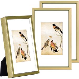 3x5 Picture Frame Set of 3, Brass Aluminum Metal Photo Frames with HD Glass, Fits 2x3 with Mat or 3 x 5 without Mat, Display for Wall and Table