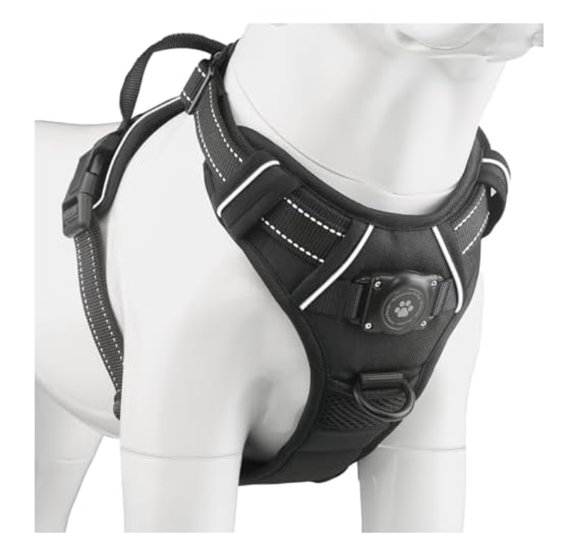 Waterproof AirTag Dog Harness, No-Pull Dog Harness with Airtag Holder, Reflective Adjustable Dog Vest Harness with Apple Air Tag Case, Material- Durable Harness for Dogs (Black, L)