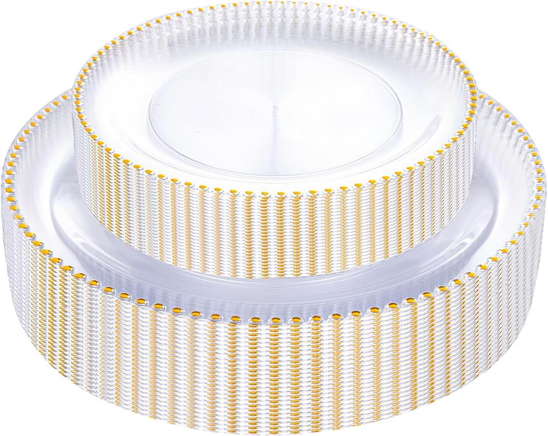 Rubtlamp 60Pcs Clear Gold Plastic Plates, Clear Disposable Plates With Gold Beaded, Heavy Duty Plastic Plates Include 30 Dessert Platos, 30 Dinner Platos for Wedding Party