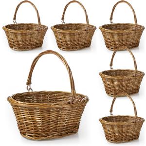 Barydat 6 Pcs Small Wicker Picnic Basket with Handle Flower Girl Baskets Oval Willow Woven Braided Gift Basket for Weddings Baby Shower Summer Home Garden Decor(12'' X 9'' X 5'',Brown)