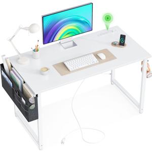 KKL Small Desk with Power Outlets and USB Port Computer Desk for Home Office Gaming Simple Modern Style Writing Desks with Storage Bag Headphone Hook, 40 inch, White