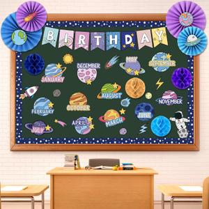 Pasimy Outer Space Birthday Bulletin Board Decorations Galaxy Space Theme Classroom Decor Cutouts Astronaut Planet Solar System Bulletin Board Border for Office Classroom Wall Preschool Birthday Chart