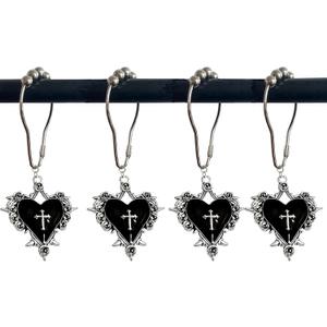 Halloween Shower Curtain Hooks, 12Pcs Black Heart Thorny Rose Cross Rustproof Decorative Shower Rings for Vintage Gothic Style Bathroom Decor