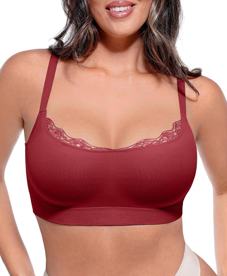 FeelinGirl Bras for Women No Underwire Lace Bralettes Wireless Full Coverage Seamless Bra Comfortable Everyday Bras No Padded (X-Large, Deep Mahogany)