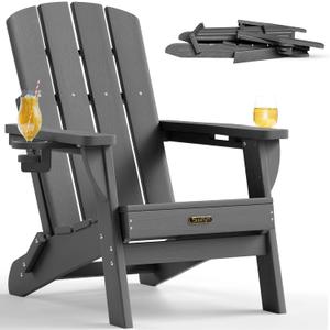 Folding Adirondack Chair, HDPE All-Weather Fire Pit Chairs, Plastic Adirondack Chairs with 2 Cup Holder, Outdoor Lawn Chair for Patio Garden (Grey)