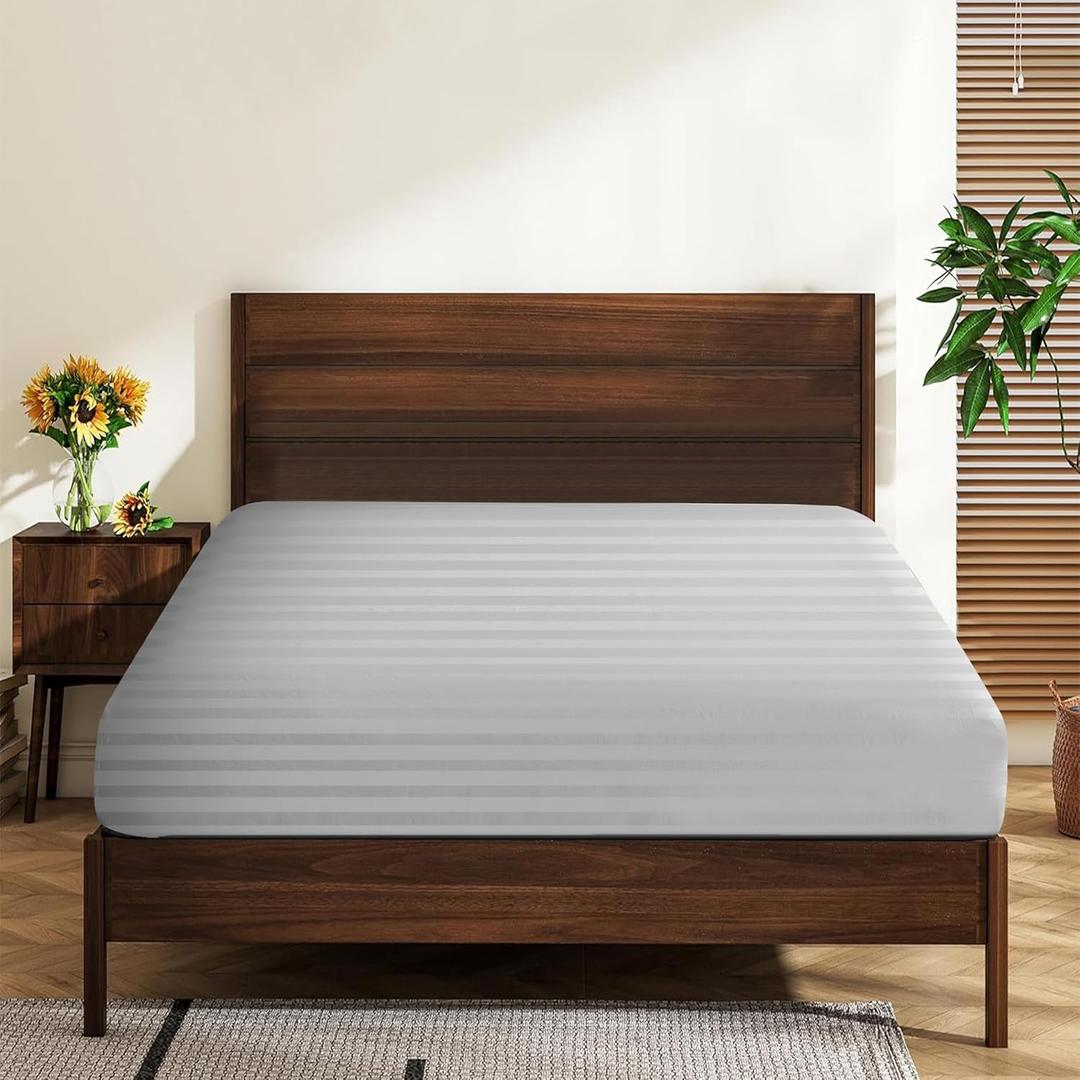 Full Size 100% Egyptian Cotton Fitted Sheets 600 Thread Count 16" Deep Pocket, UltraSoft Hotel Luxury, Durable, Breathable and Comfy Bottom Sheet (1 Pack Full Fitted Sheet, Striped Dark Grey)