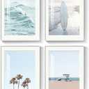 Framed Coastal Beach Wall Art for Living Room, 4 Piece Ocean Wave Palm Tree Surfboard Canvas Artworks, Summer Relaxing Seascape Picture Prints for Bedroom Bathroom Wall Decor, 11x14 Inch (Blue White - 4 Pcs)