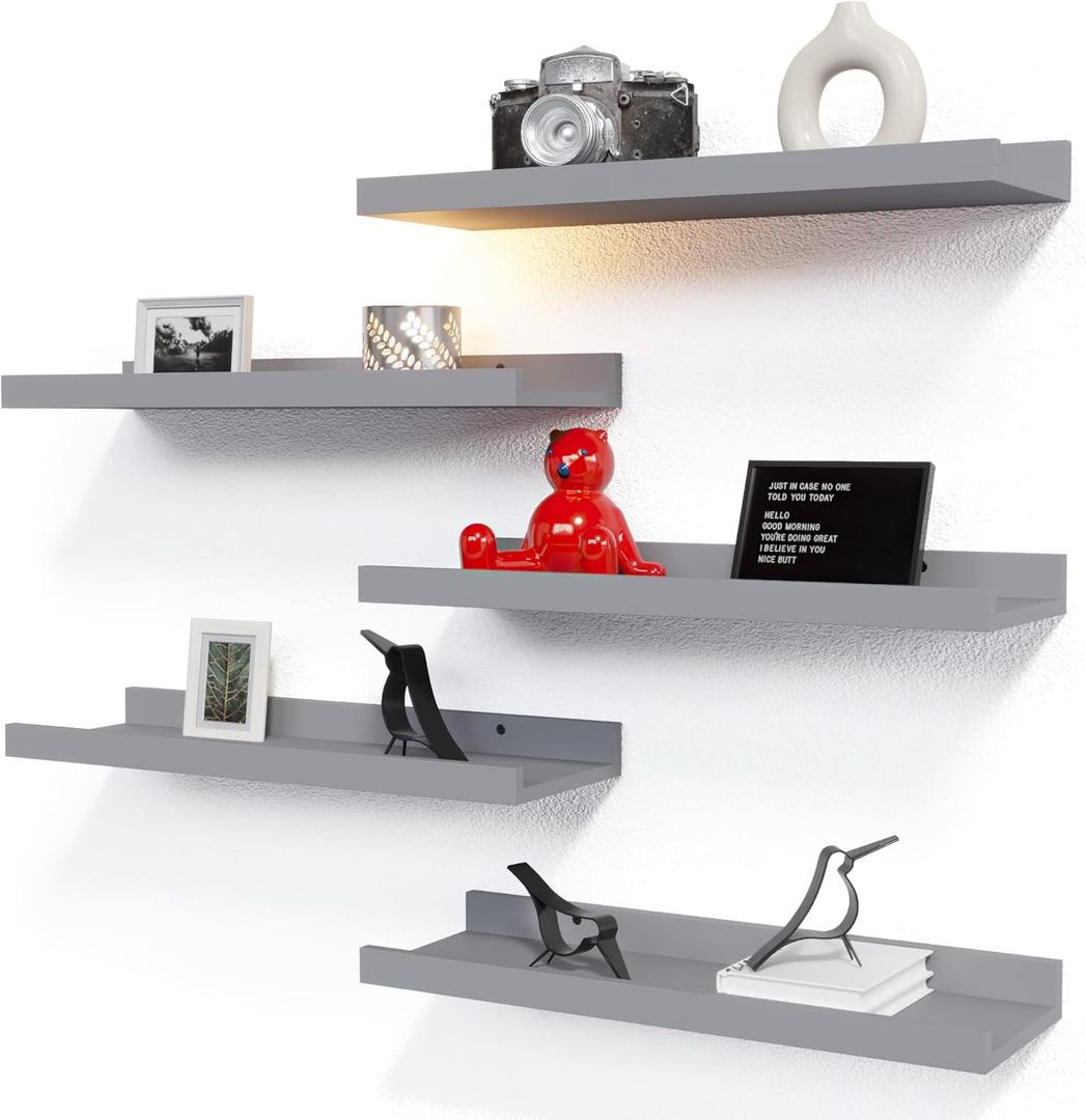 RICHER HOUSE Mounted Shelves for Wall Decor, Modern Picture Ledge Shelf with Lip for Wall Storage Nursery, Bedroom, Living Room, Bathroom - Grey (5pcs*15.75in)