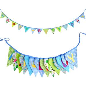 GCQQ Happy Birthday Banner 14PCS Green and Blue Cotton Bunting Flags 3.5M/11.5FT Reusable Double-Layer Garland for Boys Birthday Party, Jungle Theme Garden Farmhouse Indoor & Outdoor Party Decorations