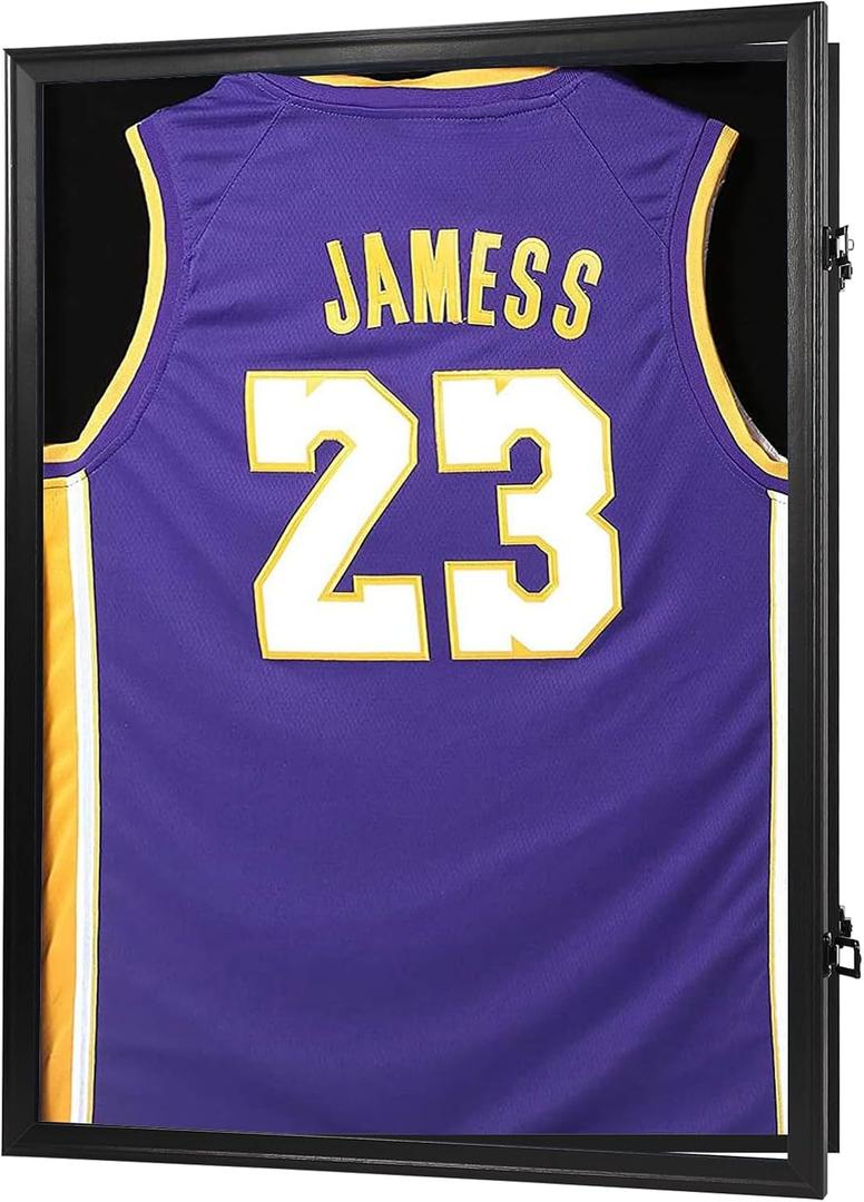 Jersey Frame Display Case, Large Lockable Shadow Box Sports Jersey Frame with 98% UV Protection Acrylic and 2 Hanger for Baseball Basketball Football Soccer Hockey Shirt,Uniform, Graduates Black