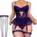 Alrovetoney Women Lingerie Set Naughty Lace Bodysuit High Waisted Underwire Lingerie Babydoll With Garter Belt and Stockings (Small, Purple)