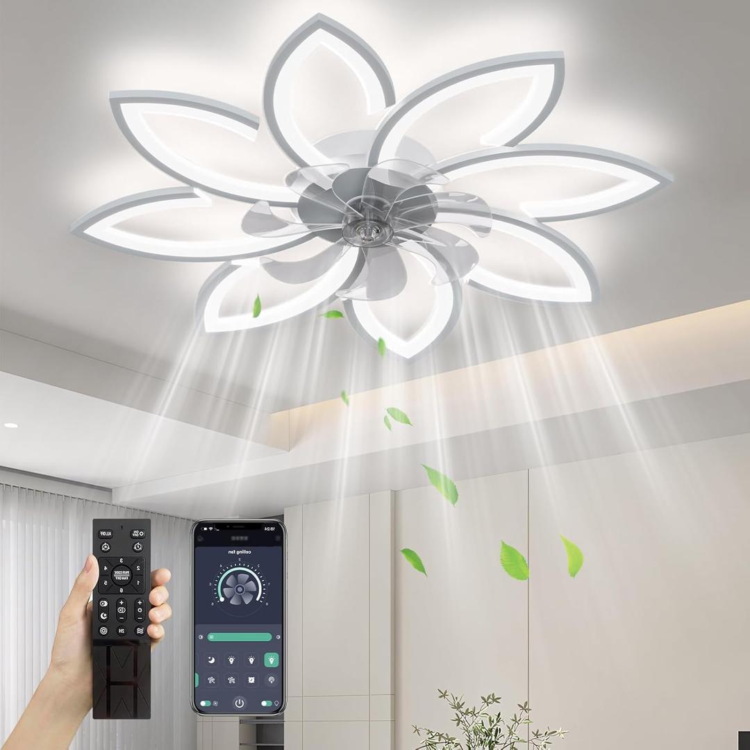 35" Ceiling Fans With Lights and Remote,Low Profile Ceiling Fan 6 Speed Super Quiet Reversible Motor,Modern Ceiling Fan With 3 color Stepless Dimmable for Bedroom/Living Room/Kids Room(White)