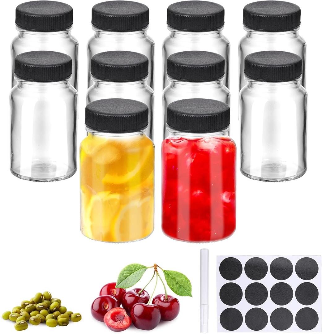 10 Pcs Glass Shot Bottles with Caps, 2oz Ginger Shots Bottles, Reusable Thick Mini Juice Shot Bottle with Label, Small Bottle, Wide Mouth Small Glass Jars with Lids for Oil Sauce (Black Lid)