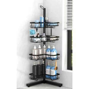KEGII Floor Shower Caddy Standing 4-Tier Corner Shower Organizer with Hooks & Soap Holder, Free-Standing Bathroom Storage Rack for Shampoo & Toiletries, Black