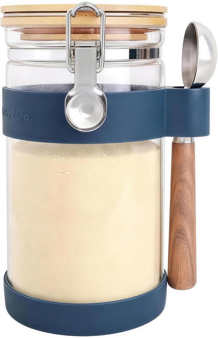 KKC Protein Powder Storage Container with 1 tbsp Scoop, 1200ml Large Airtight Glass Jar with Bamboo Lid, Protein Powder Holder with Wood Handle Spoon for Gym Supplements, Whey, Collagen Powder , 40oz