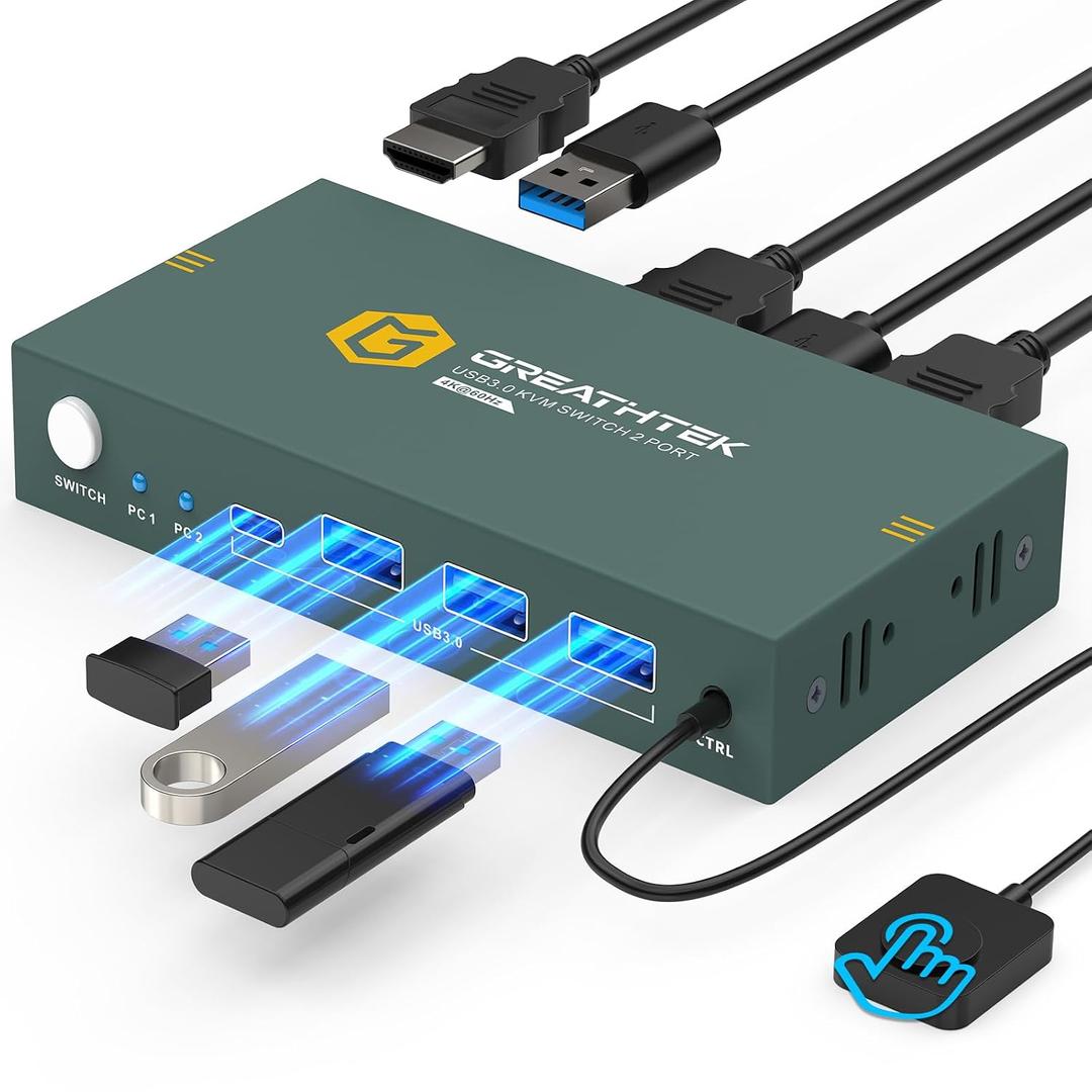 USB3.0 KVM Switch 2 Port HDMI, 4K@60Hz KVM Switch 1 Monitors 2 Computers with 3 USB3.0 Ports, HDMI KVM Switches for 2 PCs Share 1 Monitors and USB Devices, Support Button Switch, EDID