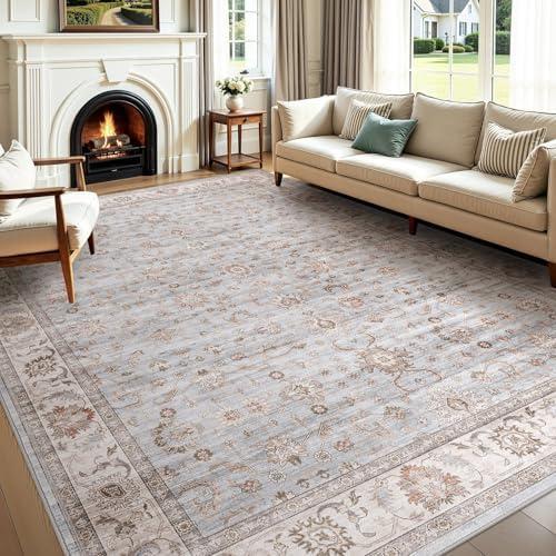 WITSHOCK 14'x13' Area Rugs Living Room: Washable Large Neutral Vintage Soft Rug Stain Resistant Non-Slip Farmhouse Indoor Low Pile Floor Carpet for Bedroom Nursery Office(Blue Gray)