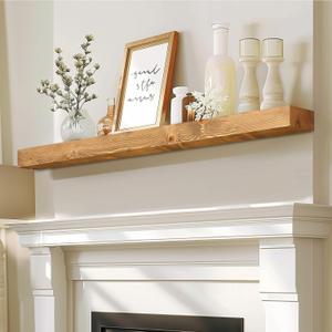 48x7x3 Fireplace Mantel - Solid Rustic Wood - Wall Mounted Floating Shelf with Invisible Heavy Duty Steel Bracket (Natural Wood) (48x3x7-solid)